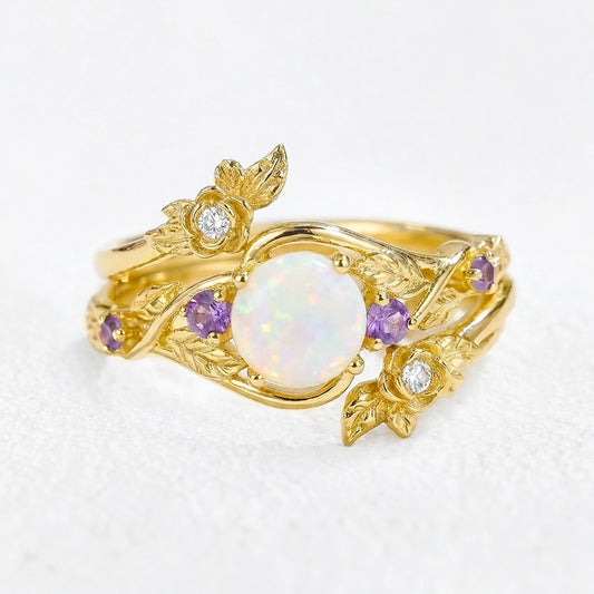 Rose’s Blossom | Round Opal & Amethyst Bridal Ring Set 2pcs