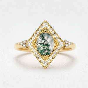 Unique Oval Cut Moss Agate Geometric Vintage Engagement Ring.