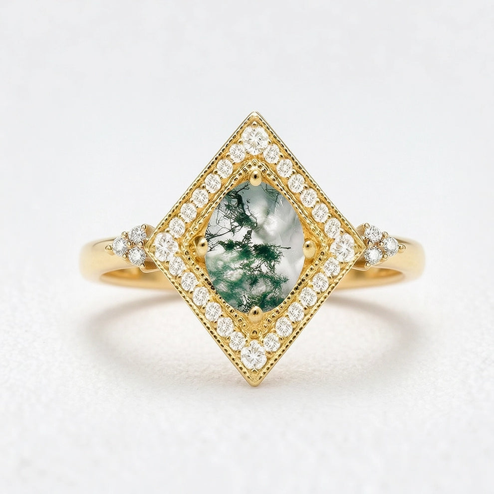 Unique Oval Cut Moss Agate Geometric Vintage Engagement Ring.