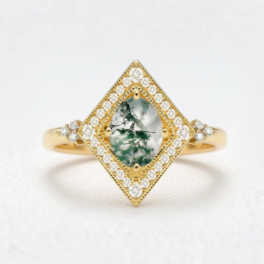 Unique Oval Cut Moss Agate Geometric Vintage Engagement Ring.