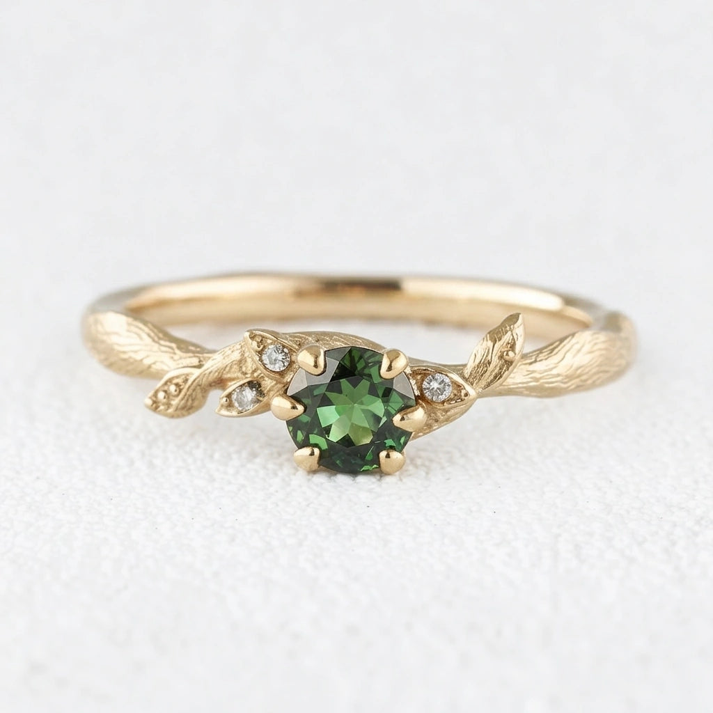 Fairy Glen | Teal Sapphire Engagement Ring with Leaf Band