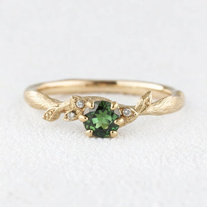 Fairy Glen | Teal Sapphire Engagement Ring with Leaf Band