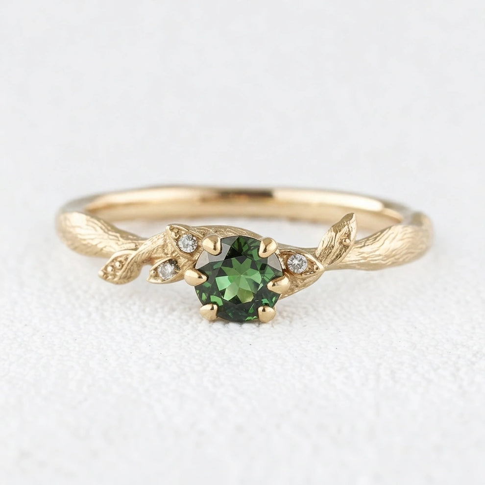 Fairy Glen | Teal Sapphire Engagement Ring with Leaf Band