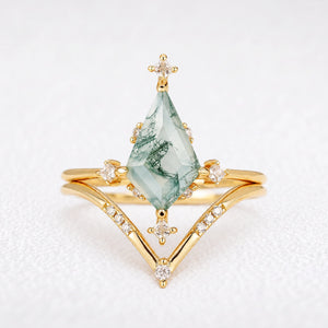 Olive‘s Convergence | Kite Cut Moss Agate Chevron Bridal Duo