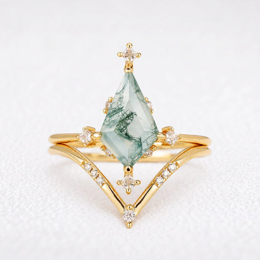 Olive‘s Convergence | Kite Cut Moss Agate Chevron Bridal Duo