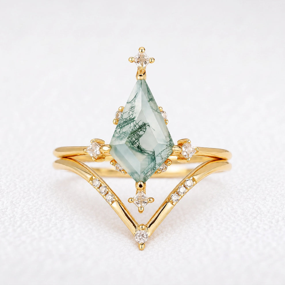 Olive‘s Convergence | Kite Cut Moss Agate Chevron Bridal Duo