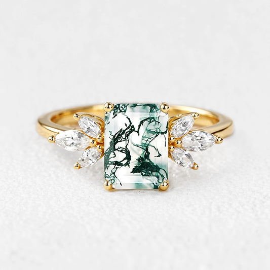Sylvie’s Lattice | Emerald Cut Moss Agate Cluster Engagement Ring