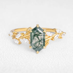 Celandine’s Tendril | Hexagon Cut Moss Agate Vine Engagement Ring