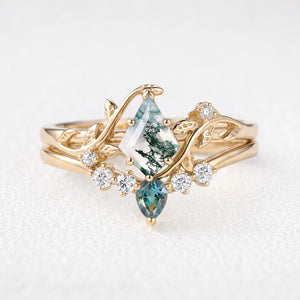 Sylvie’s Bower | Kite Cut Moss Agate & Teal Sapphire Foliage Bridal Duo