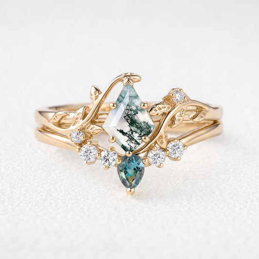 Sylvie’s Bower | Kite Cut Moss Agate & Teal Sapphire Foliage Bridal Duo