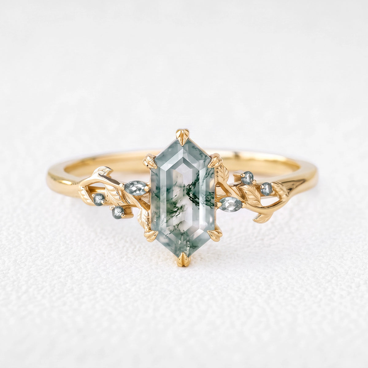 Celandine’s Twine | Elongated Hexagon Cut Moss Agate Foliage Engagement Ring