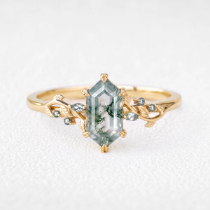 Celandine’s Twine | Elongated Hexagon Cut Moss Agate Foliage Engagement Ring