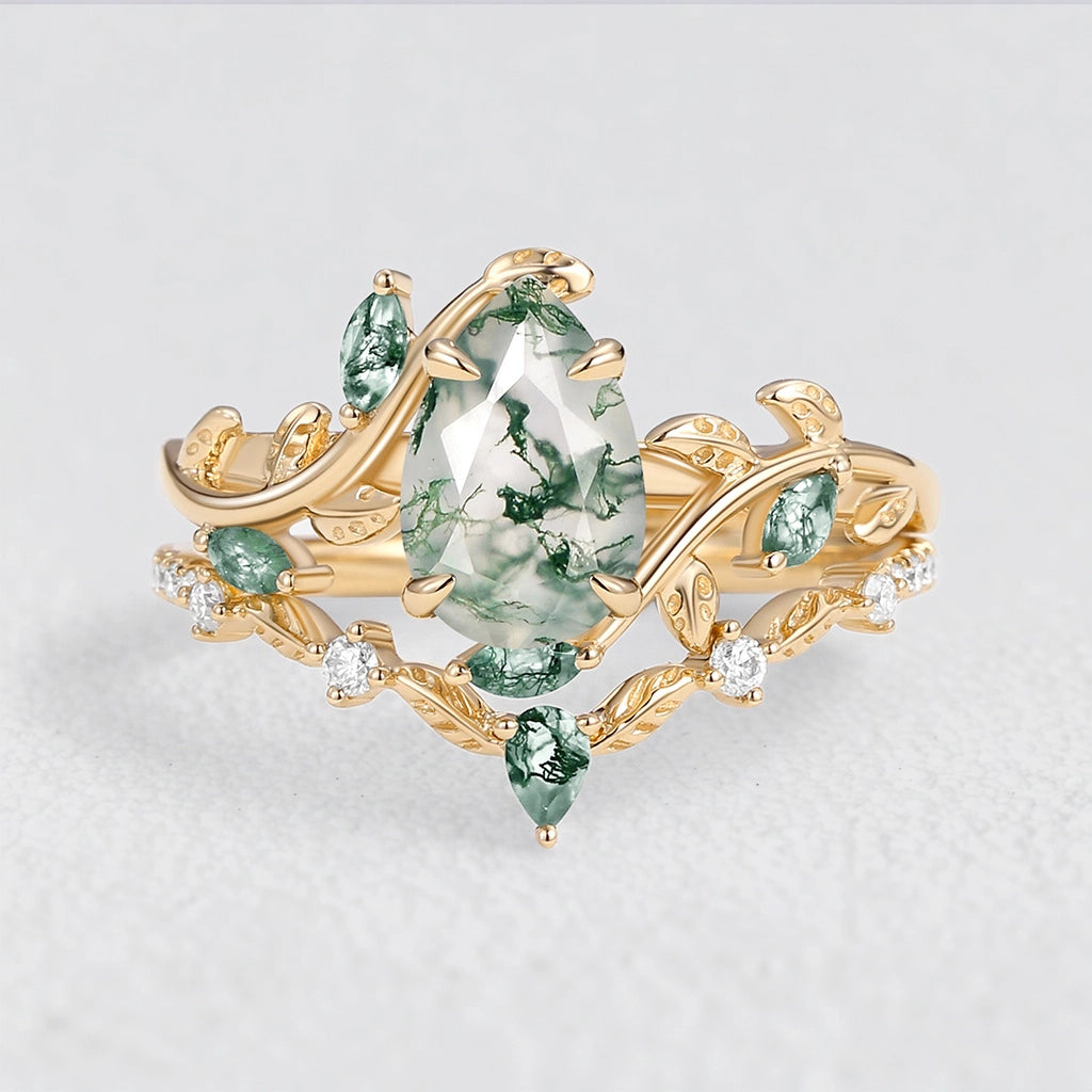 Daphne’s Vine | Pear Cut Moss Agate Bridal Set 2pcs.