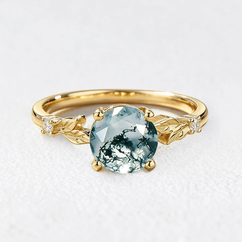 Aurelia’s Leaflet | Round Cut Moss Agate Leafy Engagement Ring