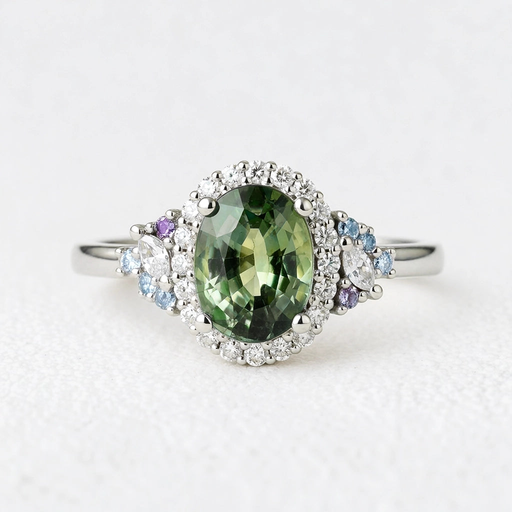 Thalassa’s Mirage | Oval Teal Sapphire Halo Vintage Engagement Ring