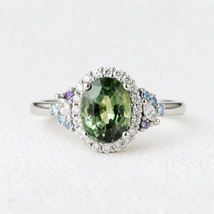 Thalassa’s Mirage | Oval Teal Sapphire Halo Vintage Engagement Ring