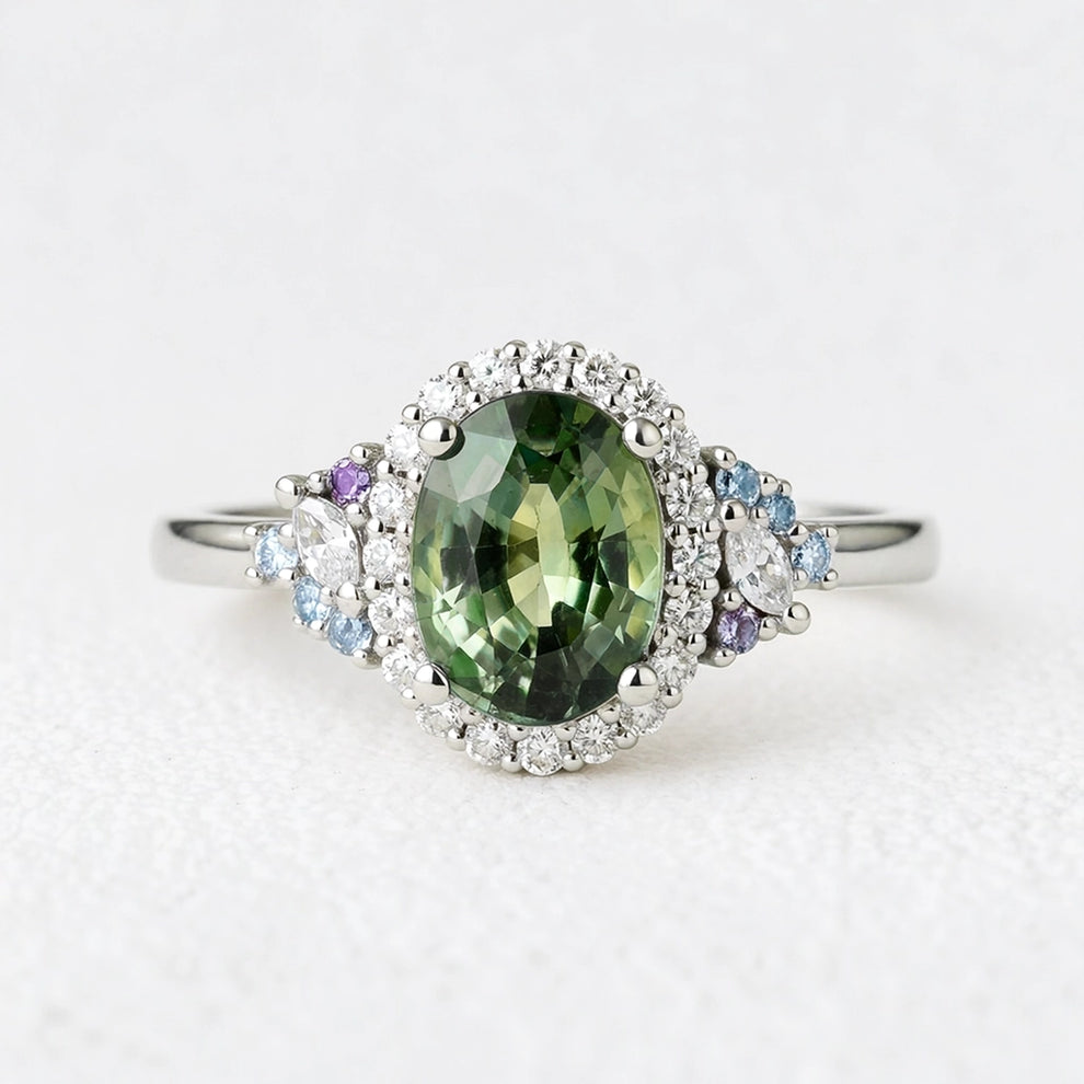 Thalassa’s Mirage | Oval Teal Sapphire Halo Vintage Engagement Ring
