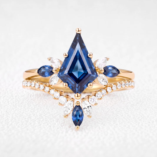 Titania’s Iris | Vintage Kite-Cut Blue Sapphire Chevron Bridal Set 2pcs