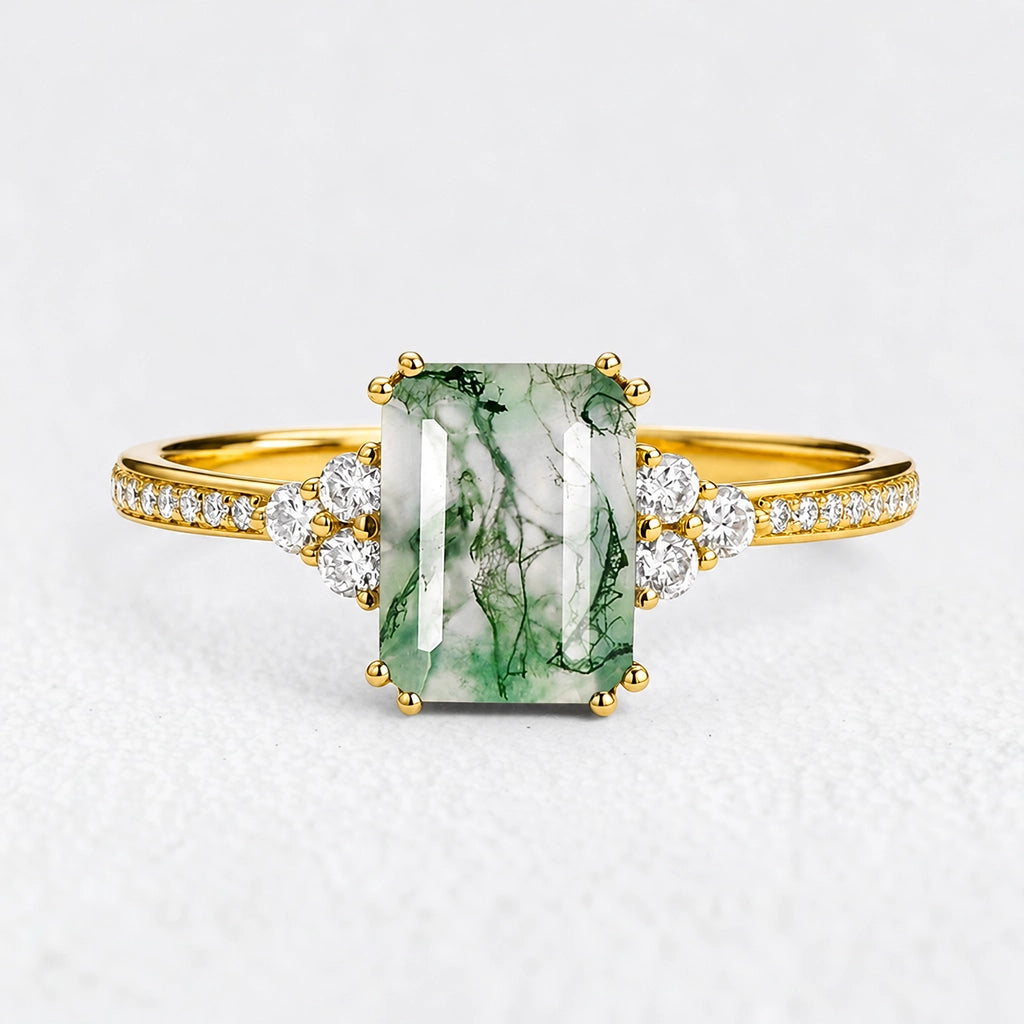 Isadora’s Verdant | Emerald‑Cut Moss Agate Pavé Engagement Ring