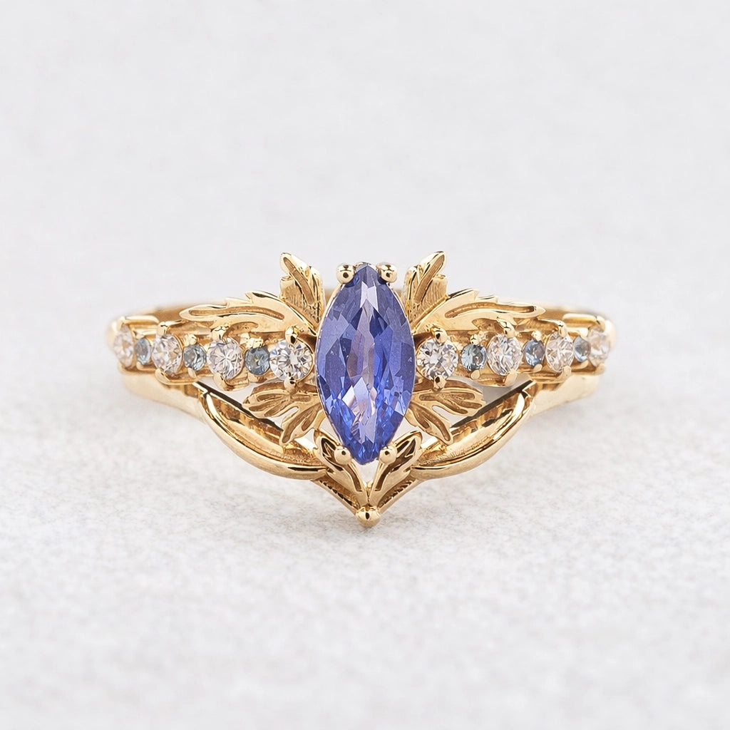 Aurora’s Fairy Wing | Marquise Natural Sapphire Vintage Bridal Set 2pcs.