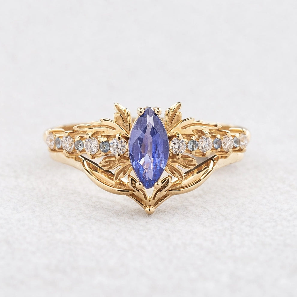 Aurora’s Fairy Wing | Marquise Natural Sapphire Vintage Bridal Set 2pcs.