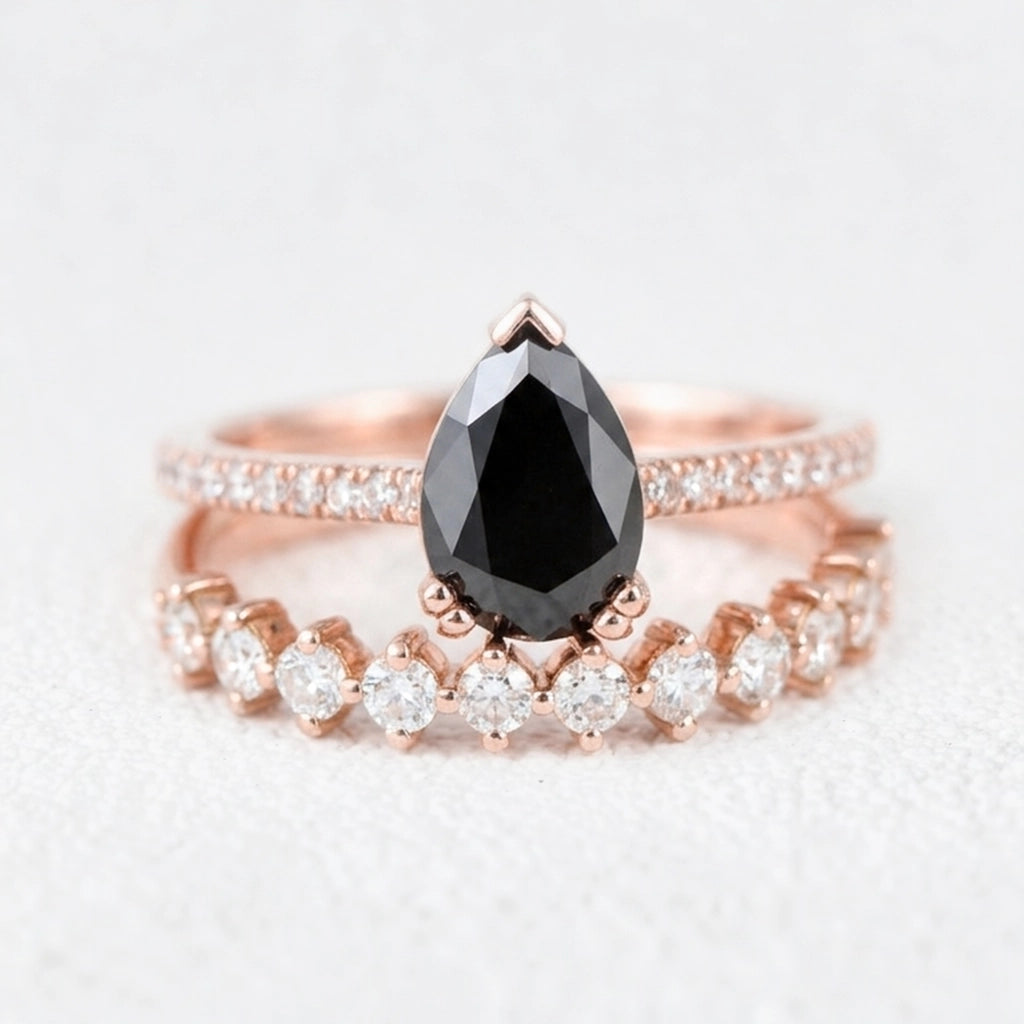 Grace’s Eclipse | Pear Cut Black Diamond Solitaire & Diamond Band Bridal Set 2pcs.
