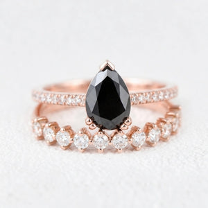 Grace’s Eclipse | Pear Cut Black Diamond Solitaire & Diamond Band Bridal Set 2pcs.