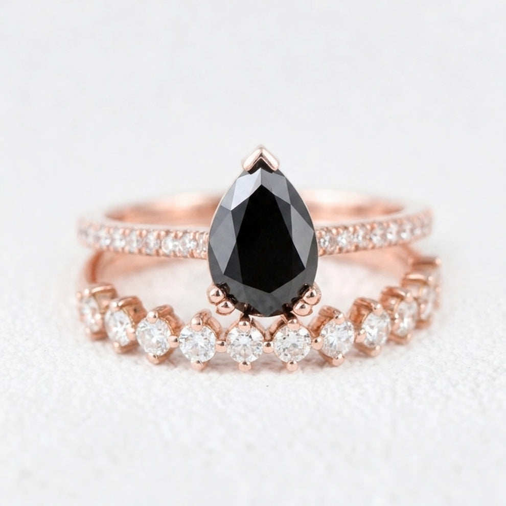 Grace’s Eclipse | Pear Cut Black Diamond Solitaire & Diamond Band Bridal Set 2pcs.
