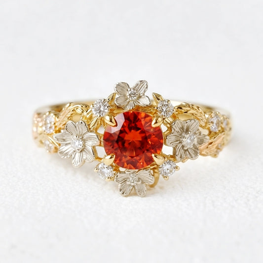 Eve's Blossom | Round Mandarin Garnet Engagement Ring with Petal Setting