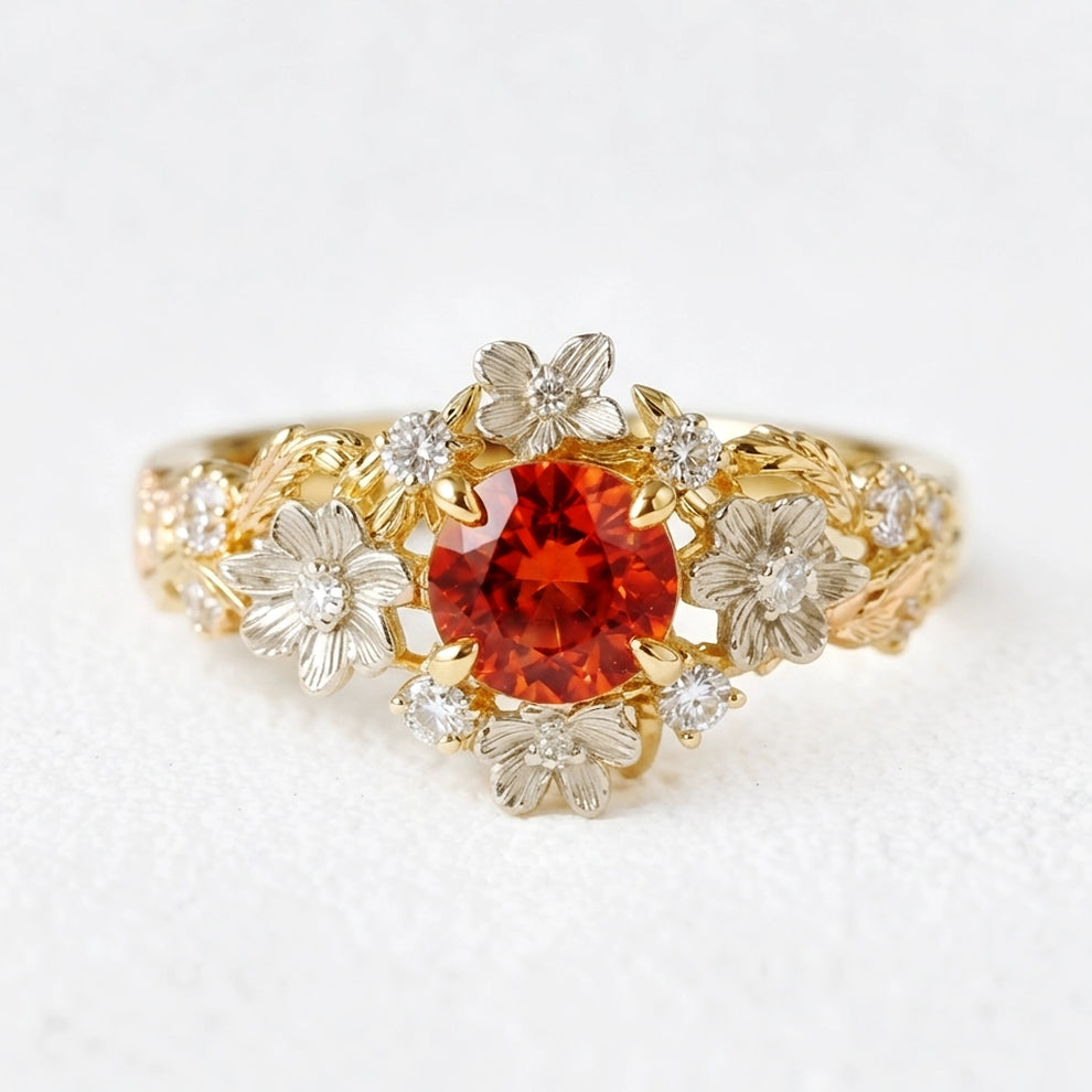 Eve's Blossom | Round Mandarin Garnet Engagement Ring with Petal Setting