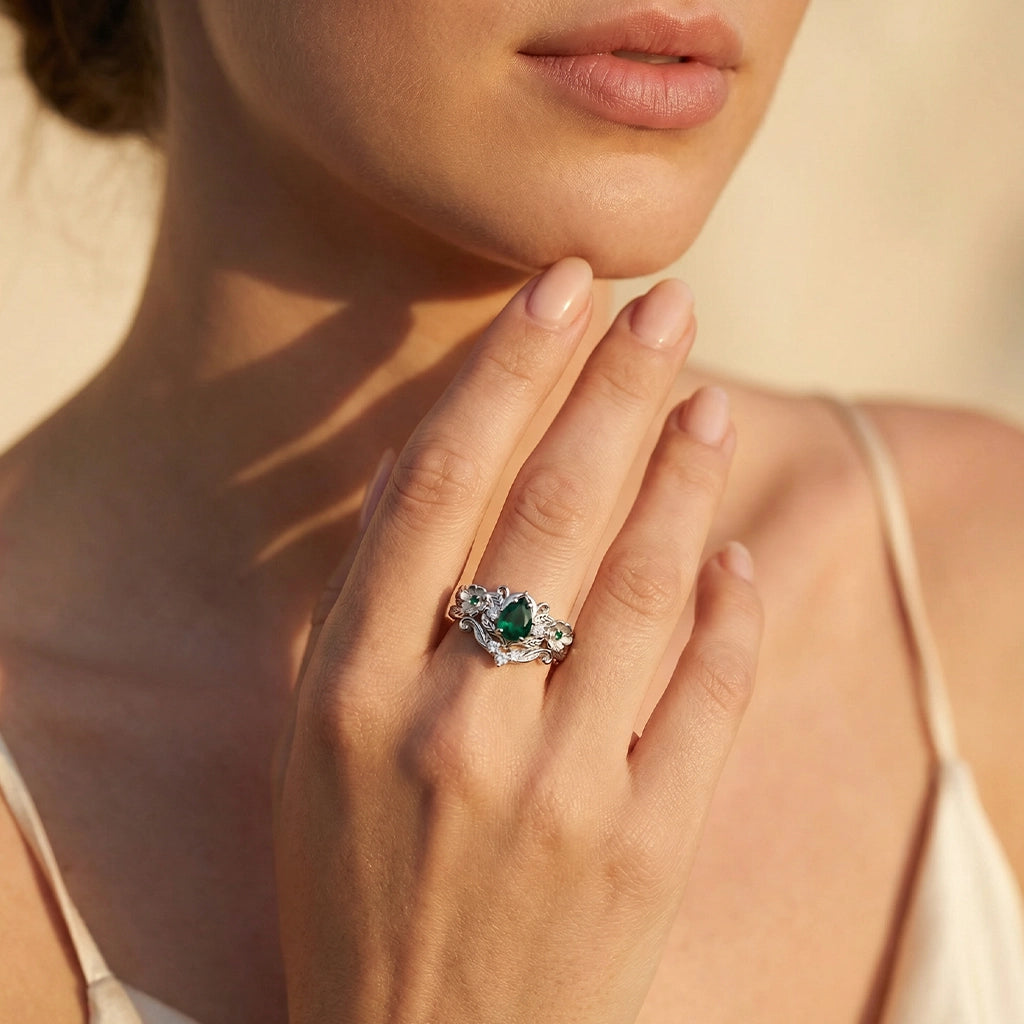 Flora’s Bloom | Natural Emerald Floral Bridal Set 2pcs.