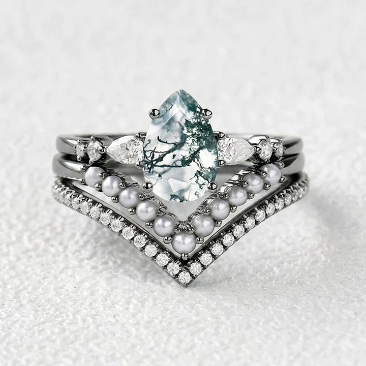 Genevieve’s Splendor | Exquisite Pear Moss Agate & Pearl Stacking Bridal Set 3pcs