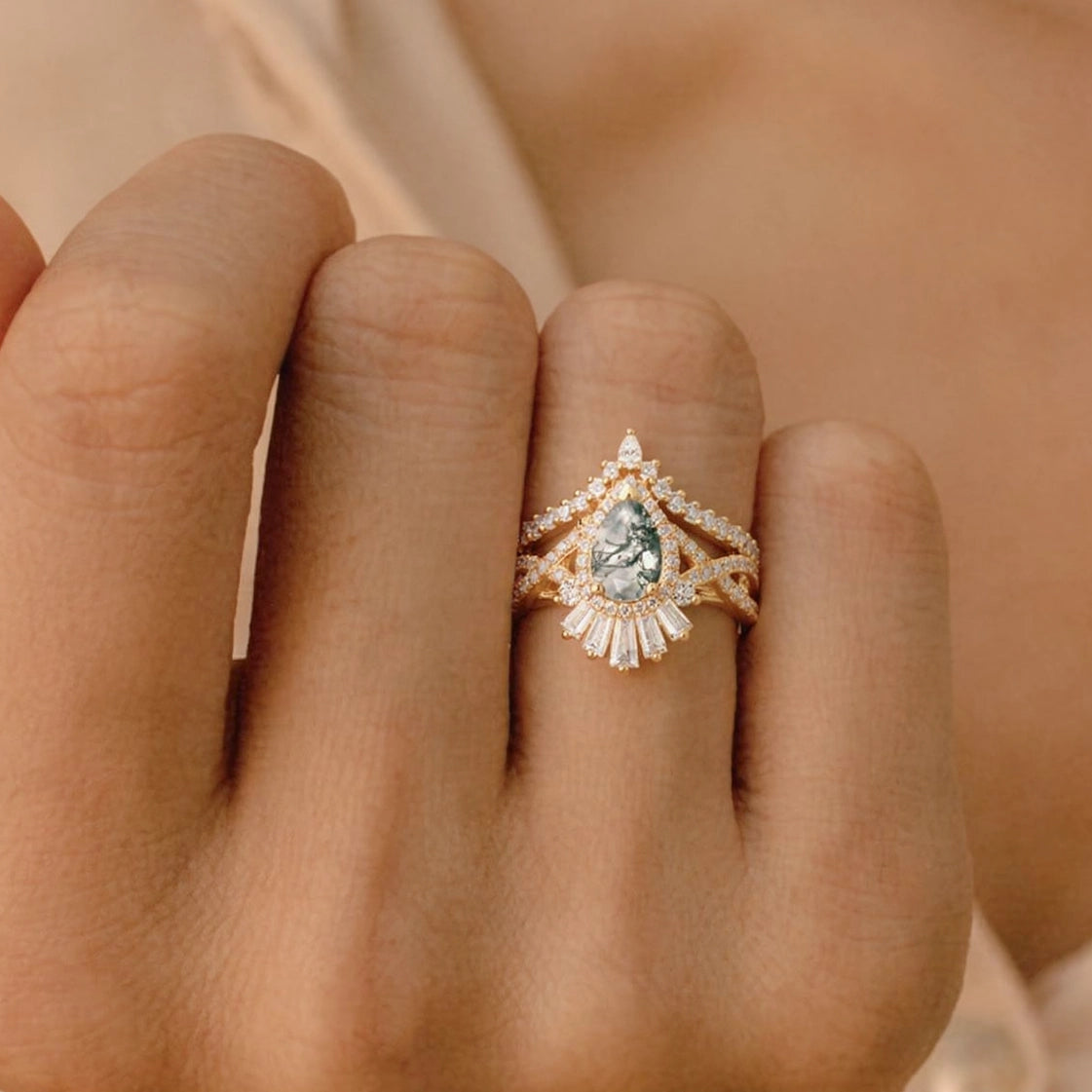 Elara's Crown | Pear Moss Agate Halo Baguette Bridal Set 2pcs.