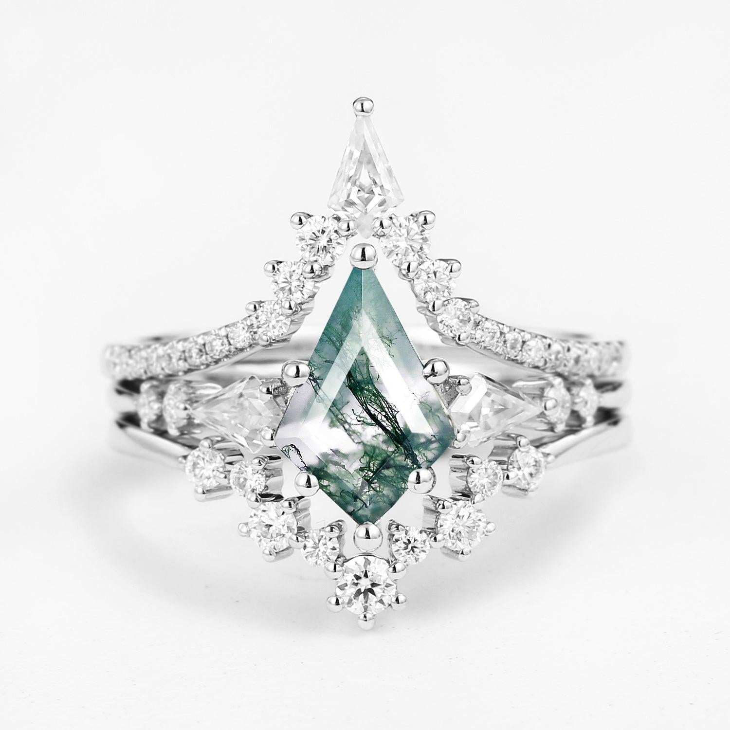 Tyler Twin Flames Kite Cut Moss Agate Engagement Ring Set 3pcs.