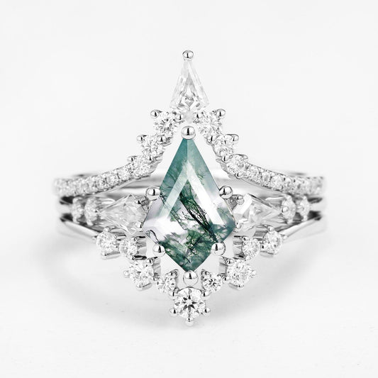 Tyler Twin Flames Kite Cut Moss Agate Engagement Ring Set 3pcs.