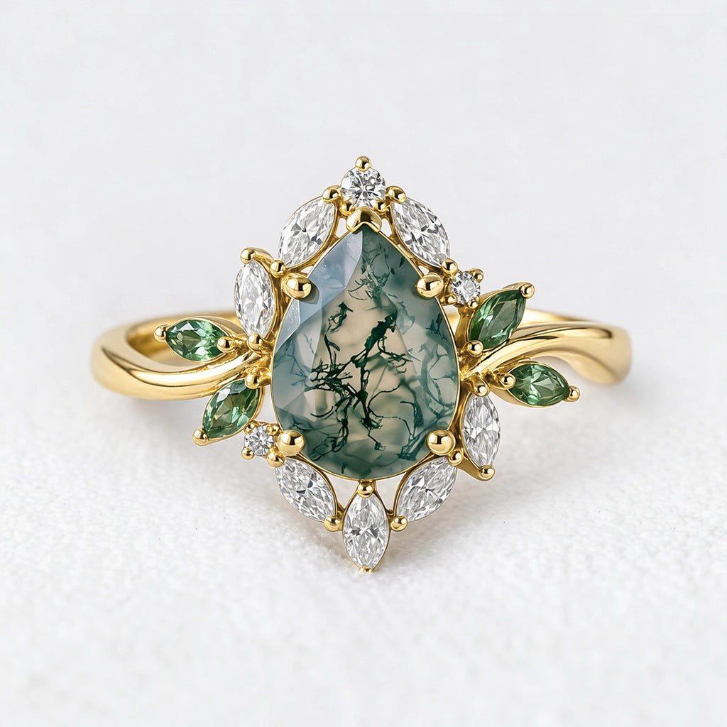 Daphne's Bloom | Pear Moss Agate & Diamond Cluster Engagement Ring