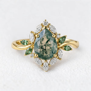 Daphne's Bloom | Pear Moss Agate & Diamond Cluster Engagement Ring
