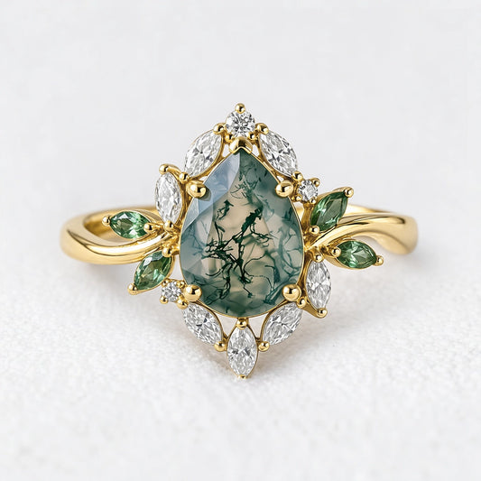 Daphne's Bloom | Pear Moss Agate & Diamond Cluster Engagement Ring