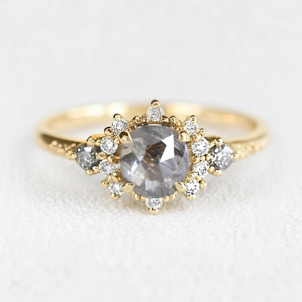 Juliet’s Jubilee | Vintage Sunflower Salt & Pepper Diamond Gold Engagement Ring.