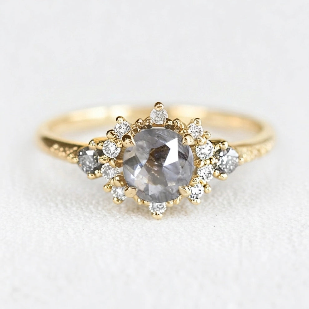 Juliet’s Jubilee | Vintage Sunflower Salt & Pepper Diamond Gold Engagement Ring.