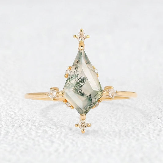 Nature Inspired Kite Cut Moss Agate Engagement Ring.