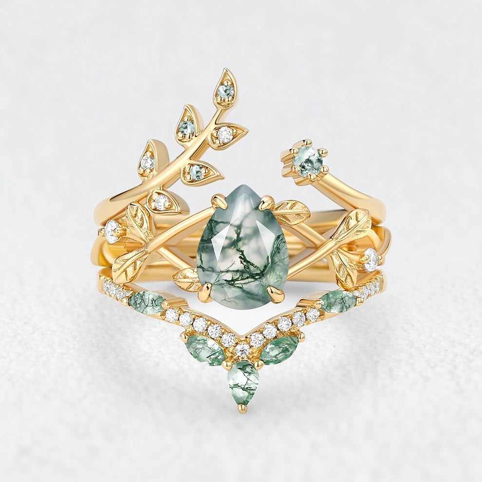 Isadora’s Verdant | Pear Cut Moss Agate Leafy Bridal Set 3pcs