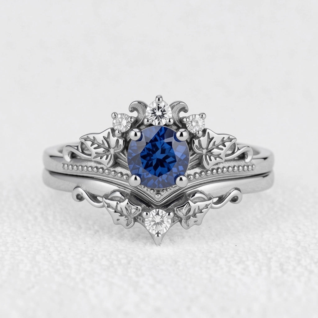 Ivy’s Wreath | Round Blue Sapphire & Diamond Vintage Bridal Set 2pcs.