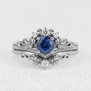 Ivy’s Wreath | Round Blue Sapphire & Diamond Vintage Bridal Set 2pcs.