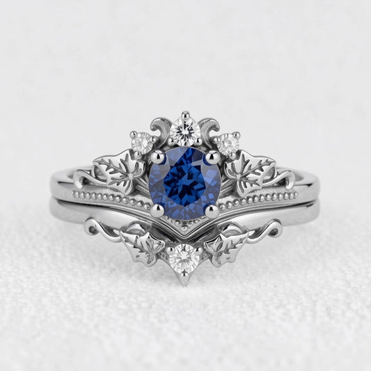 Ivy’s Wreath | Round Blue Sapphire & Diamond Vintage Bridal Set 2pcs.