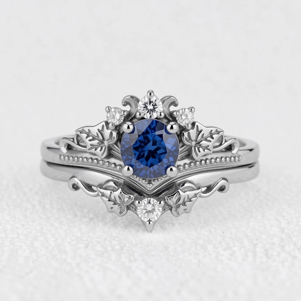 Ivy’s Wreath | Round Blue Sapphire & Diamond Vintage Bridal Set 2pcs.