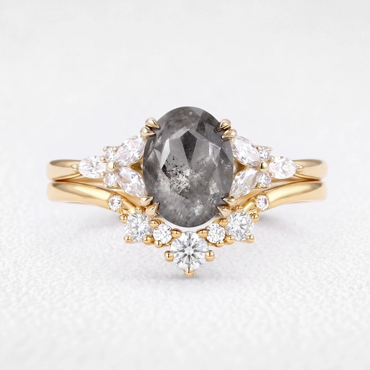Isadora’s Bloom | 1CT Vintage Oval Salt & Pepper Diamond Cluster & Chevron Bridal Duo