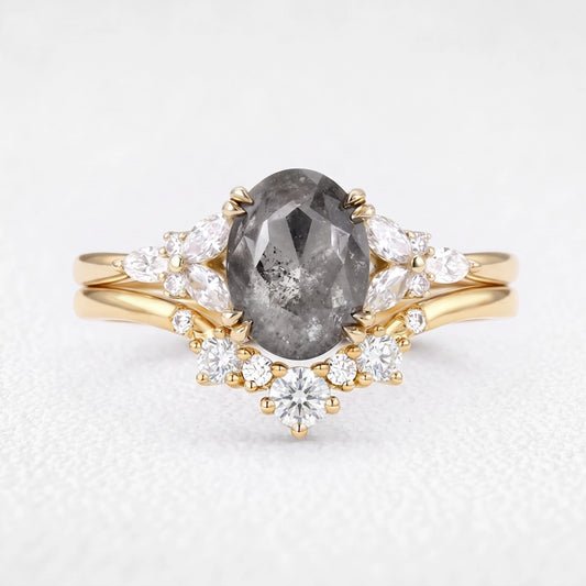 Isadora’s Bloom | 1CT Vintage Oval Salt & Pepper Diamond Cluster & Chevron Bridal Duo