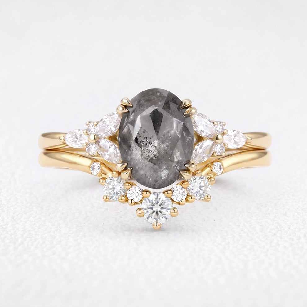 Isadora’s Bloom | 1CT Vintage Oval Salt & Pepper Diamond Cluster & Chevron Bridal Duo