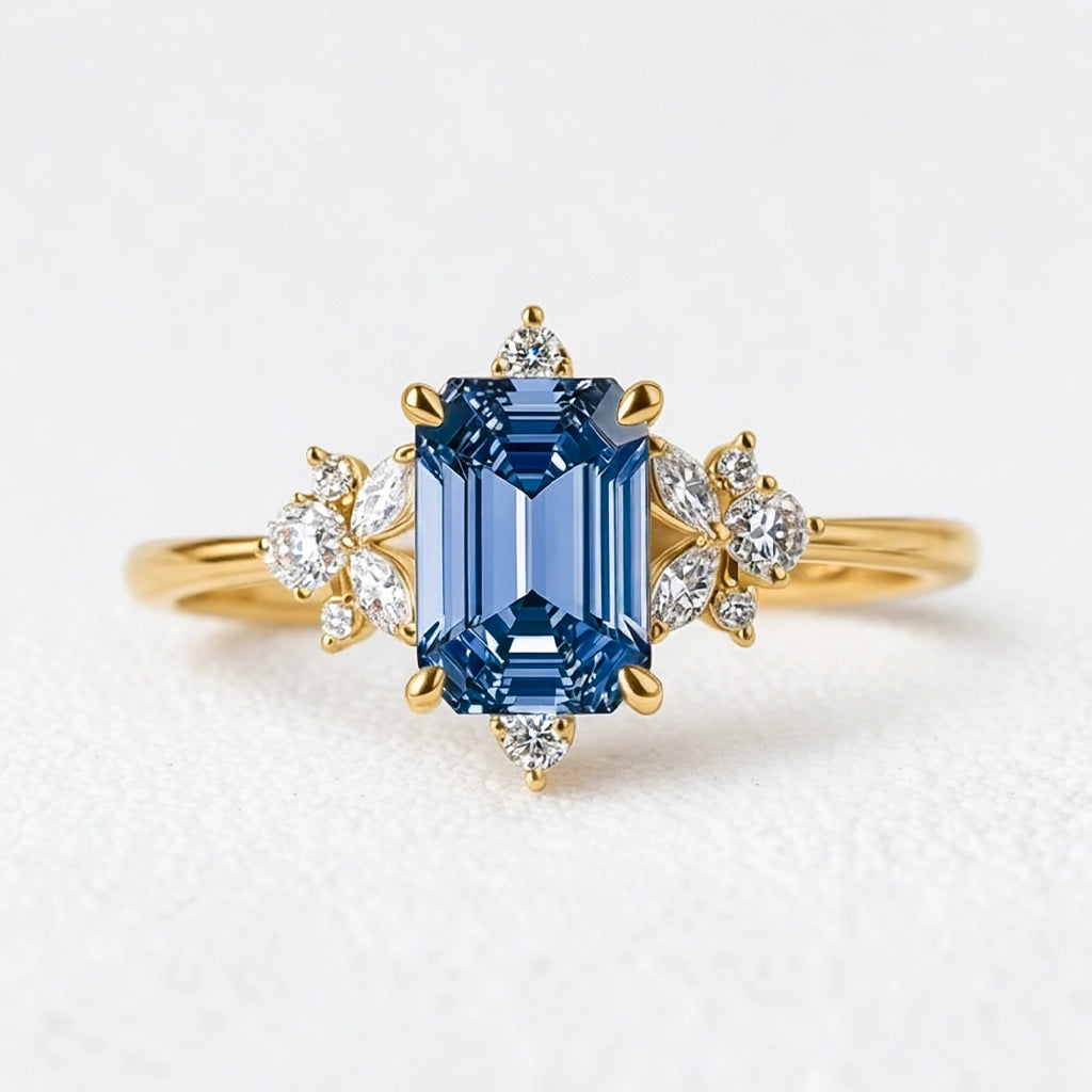 Lyra’s Cadence | 2CT Vintage Emerald Cut Blue Sapphire Ring.